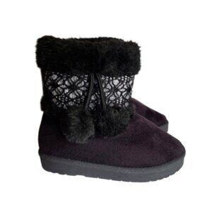 Adorable Child Girls Pom Pom Black Faux Suede Fur Fall Winter Snow Boots Size 5